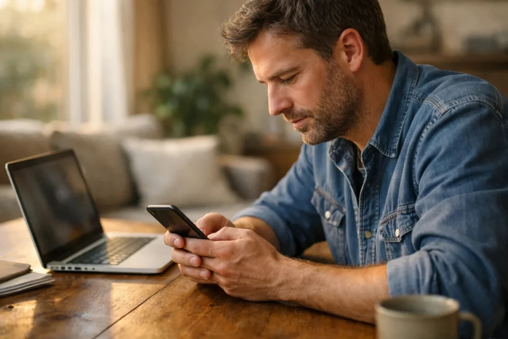 Person sucht auf einem Smartphone nach einem gespeicherten Passwort, daneben ein Laptop.
