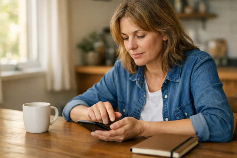 Person an einem Küchentisch, die ein Smartphone verwendet.