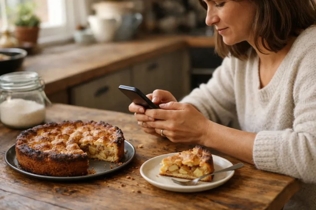 Person tippt an einem Küchentisch auf einem Smartphone neben einem selbst gebackenen Apfelkuchen.