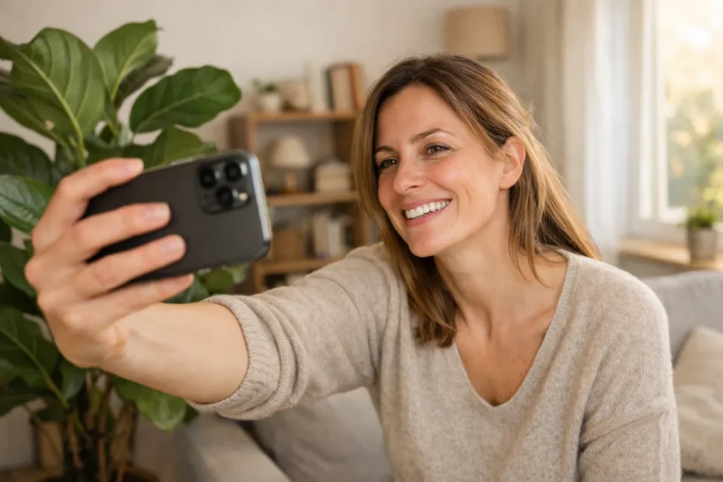 Person nimmt an einem Fenster mit der Rückkamera eines Telefons ein Selfie auf, neben sich eine Zimmerpflanze.