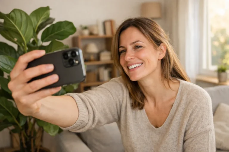 Person nimmt an einem Fenster mit der Rückkamera eines Telefons ein Selfie auf, neben sich eine Zimmerpflanze.