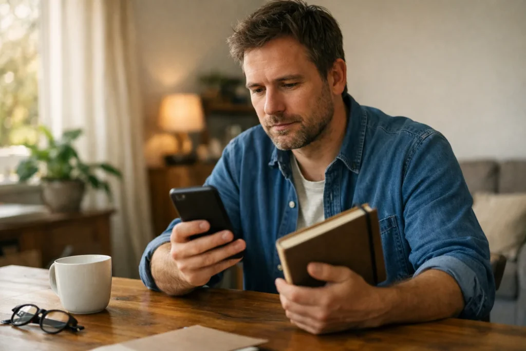 Person betrachtet zu Hause ein Smartphone, um ein Instagram Abonnement abzuwägen.