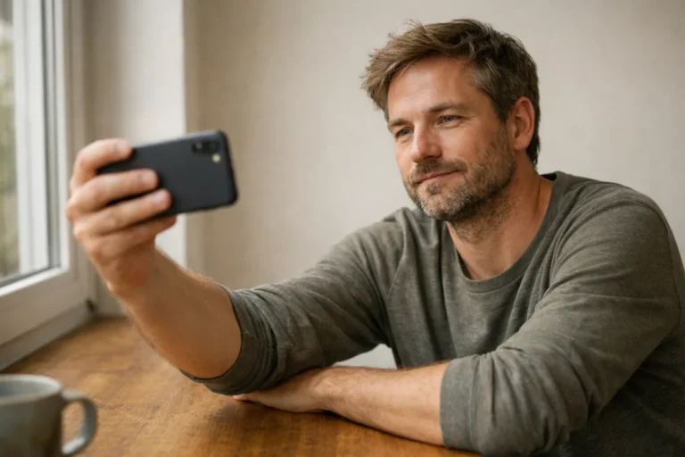 Eine Person macht zu Hause am Fenster ein Selfie, um einen Zeichenfilter auszuprobieren.