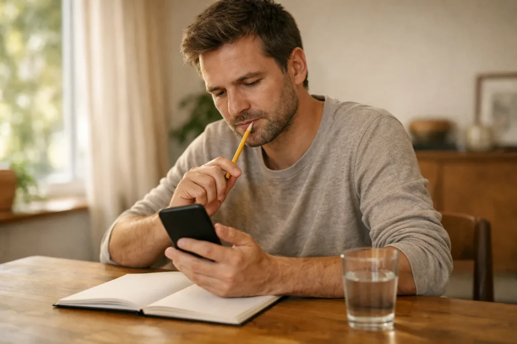 Person an einem Holztisch, die mit einem Telefon und einem Notizbuch über einen Benutzernamen nachdenkt.