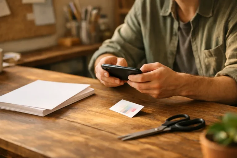 Person, die mit einem Smartphone eine Probekarte kontrolliert, bevor die Flyer gedruckt werden