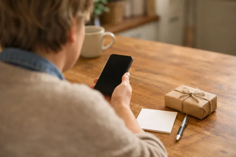 Person schaut auf ein Telefon; auf dem Tisch liegen eine Geburtstagskarte und ein kleines Geschenk.