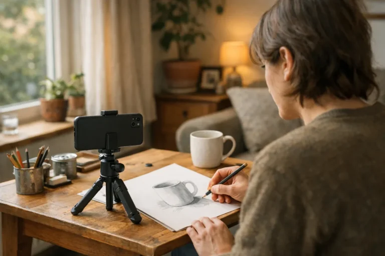 Person filmt an einem Tisch ein kurzes Zeichenvideo mit einem Telefon auf einem Stativ.