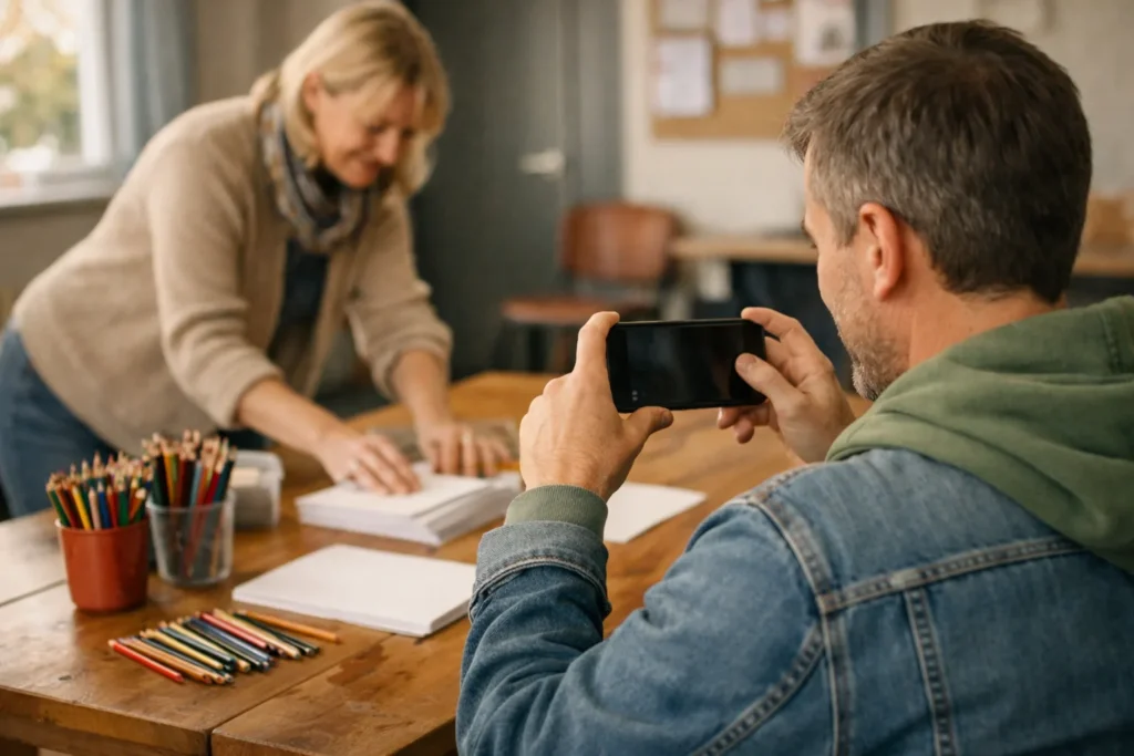 Freiwillige Person fotografiert die Vorbereitungen für einen Zeichennachmittag für die Facebook Seite des Nachbarschaftsvereins.