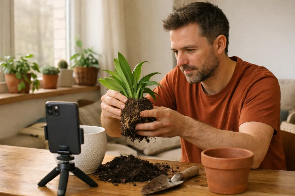 Jemand filmt zu Hause ein kurzes Video über die Pflege einer Zimmerpflanze.