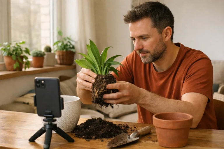 Jemand filmt zu Hause ein kurzes Video über die Pflege einer Zimmerpflanze.