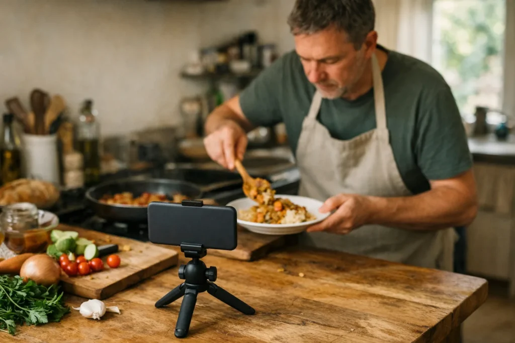 Eine Hobbyköchin oder ein Hobbykoch filmt das Anrichten einer Mahlzeit für einen Instagram Beitrag.