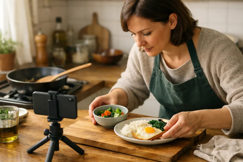Jemand filmt in der Küche ein einfaches Mittagessen für ein TikTok Video.