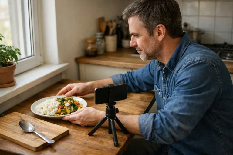 Person filmt zu Hause mit einem Smartphone einen Teller mit Mittagessen am Fenster.