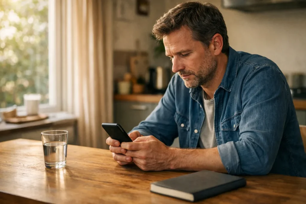 Person betrachtet aufmerksam ein Smartphone am Küchentisch.