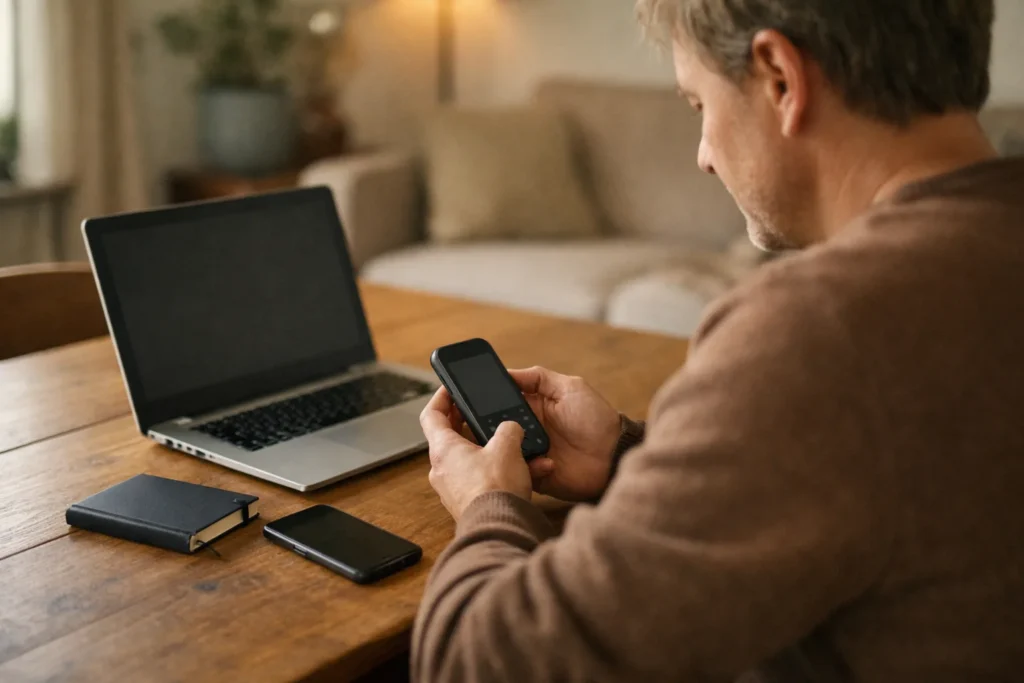 Jemand überprüft neben einem Laptop ein altes Telefon, um wieder Zugriff auf Instagram zu erhalten.