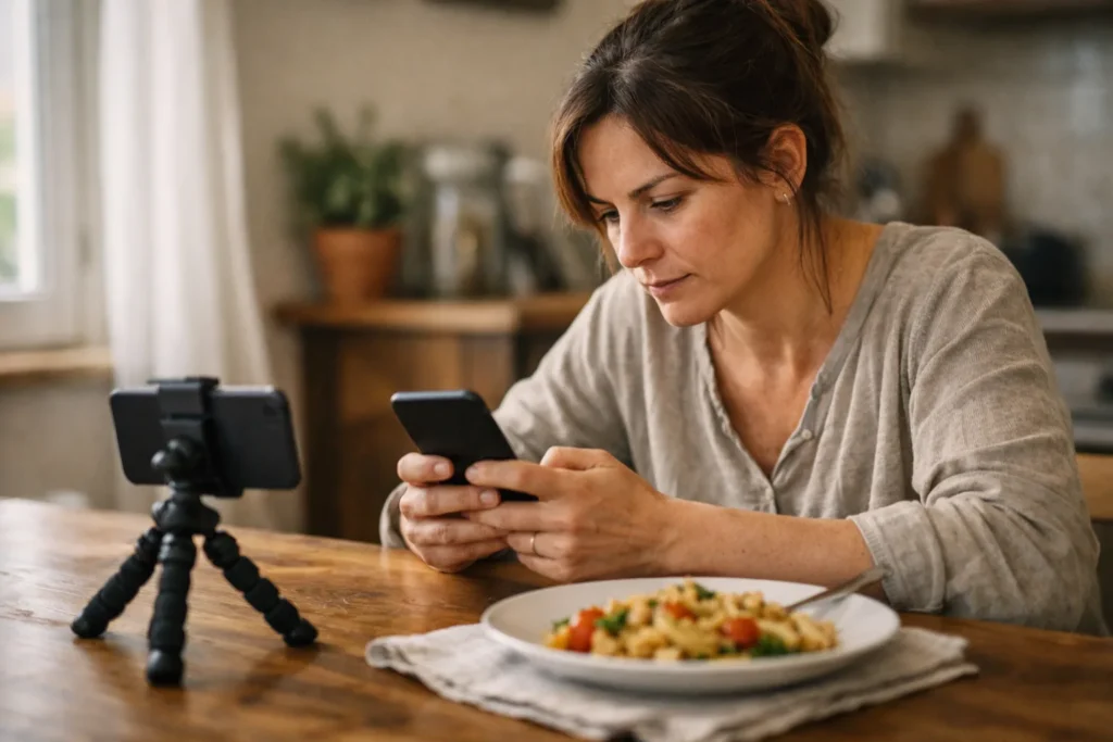 Person prüft nach der Aufnahme eines kurzen Kochvideos ein Smartphone am Küchentisch.