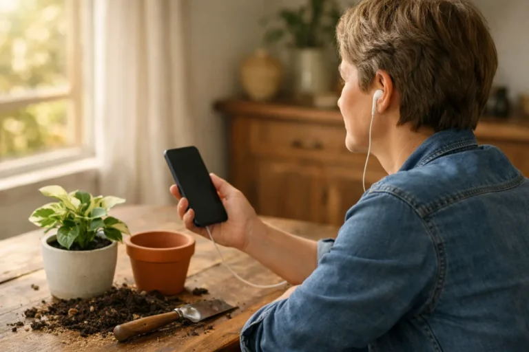 Person hört einer Stimme in einem Video auf dem Smartphone zu, mit einer Pflanze und einem Blumentopf auf dem Tisch.