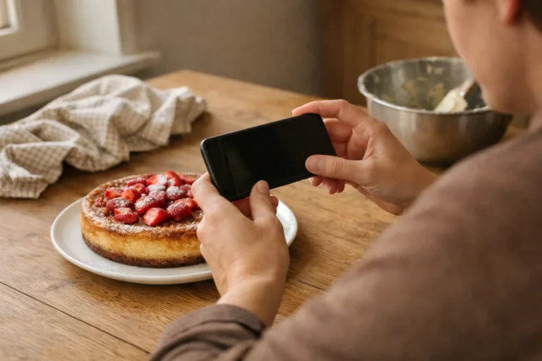 Person fotografiert mit einem Smartphone am Fenster einen selbst gebackenen Kuchen.