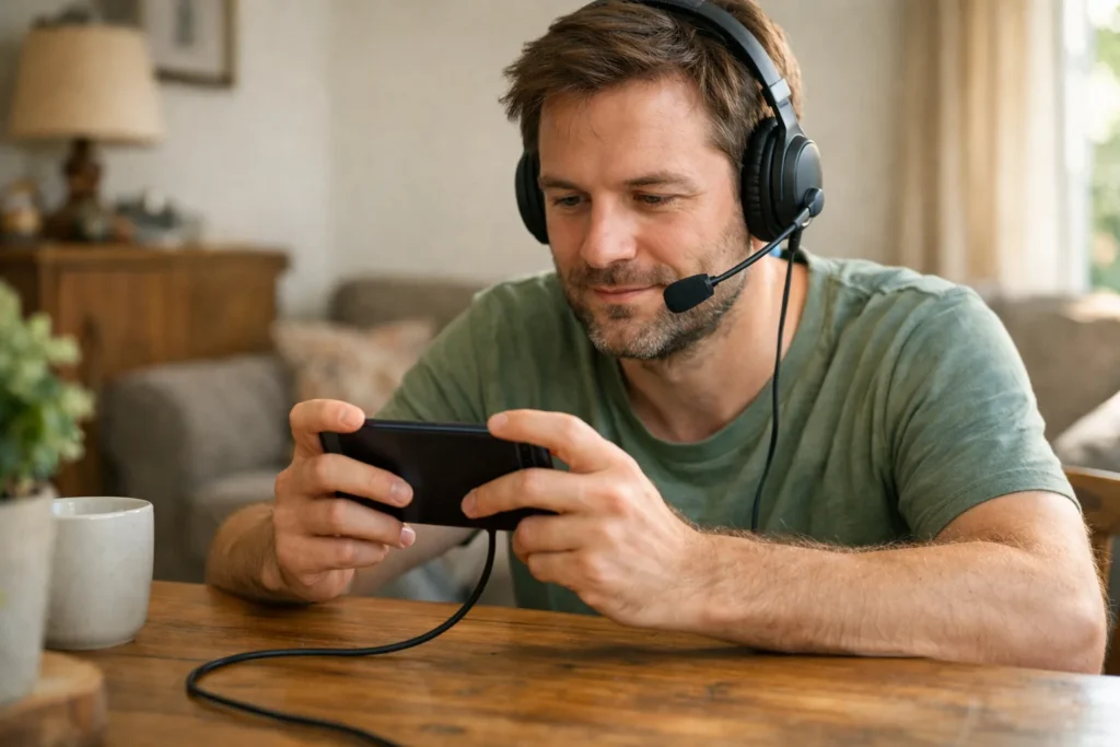 Person spielt an einem Tisch ein mobiles Spiel auf einem Telefon und trägt Kopfhörer mit Mikrofon.