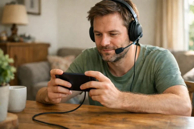 Person spielt an einem Tisch ein mobiles Spiel auf einem Telefon und trägt Kopfhörer mit Mikrofon.