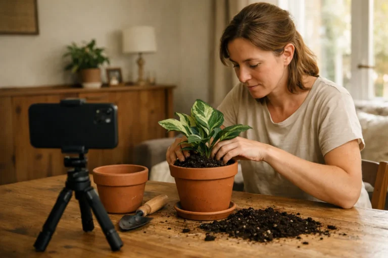 Jemand filmt zu Hause mit einem Smartphone, wie man eine Zimmerpflanze für ein Instagram Video umtopft.