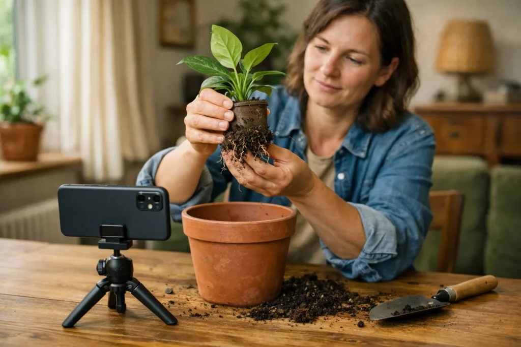 Jemand filmt das Umtopfen einer Zimmerpflanze mit einem Smartphone auf einem Tischstativ.