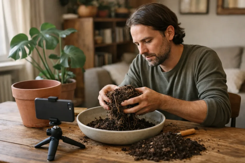 Eine Person filmt zu Hause mit einem Smartphone, wie man eine Monstera für ein YouTube Video umtopft.