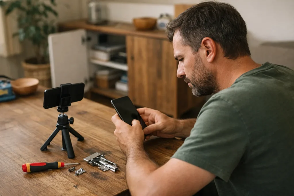 Person betrachtet nach der Aufnahme eines kurzen Heimwerkervideos für Facebook Reels ein Smartphone.
