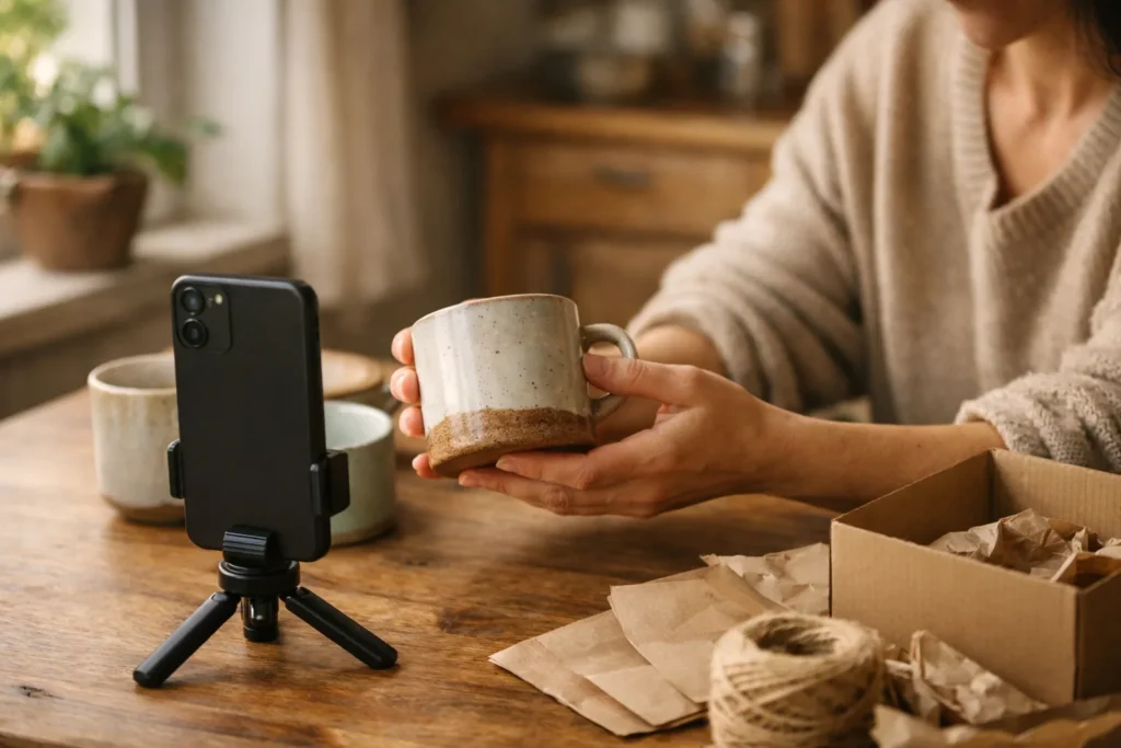 Eine Person filmt eine selbstgemachte Keramiktasse mit einem Smartphone für ein Instagram Reel.