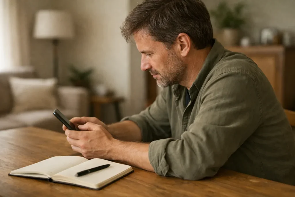 Person betrachtet am Esstisch ein Telefon mit einem Notizbuch daneben.