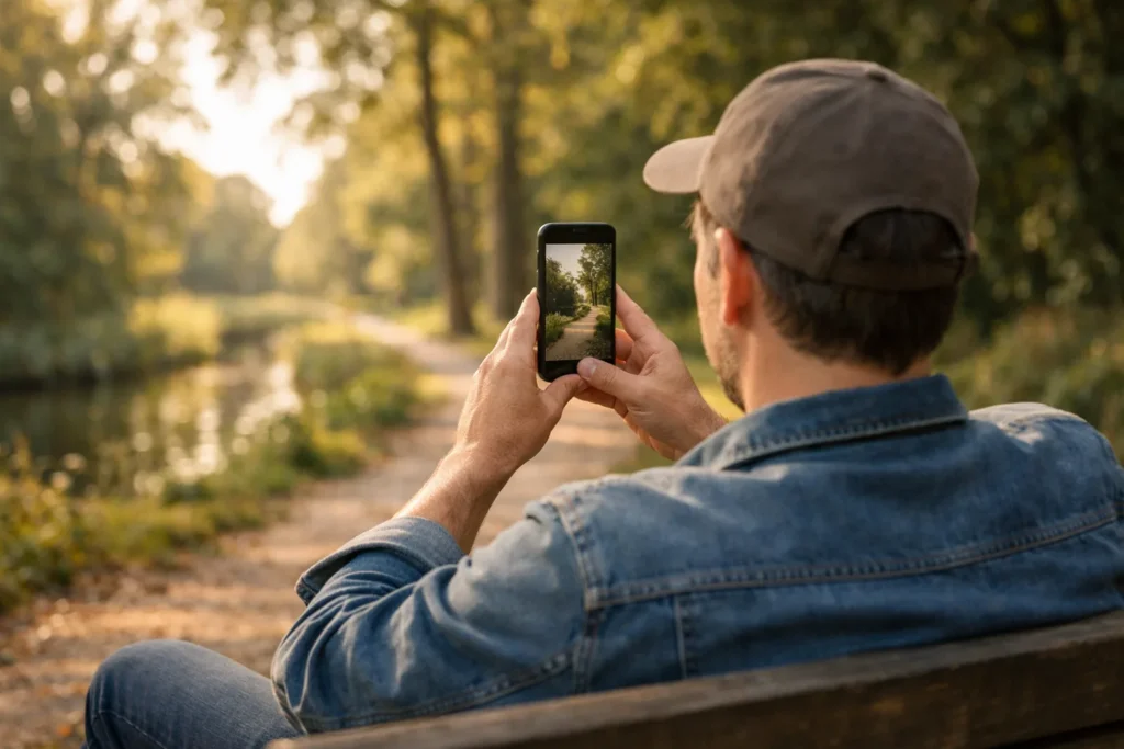 Eine Person nimmt mit einem Smartphone im Park eine Aufnahme für eine TikTok Story auf.