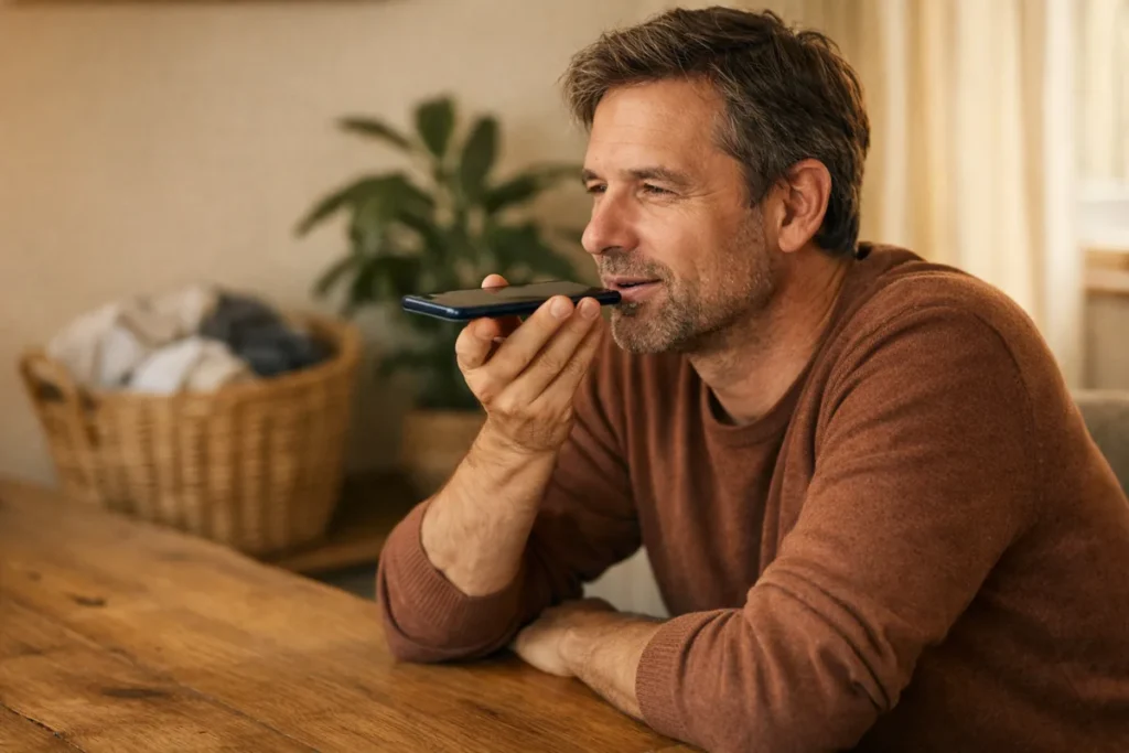 Person, die zu Hause eine kurze Sprachaufnahme auf einem Smartphone einspricht