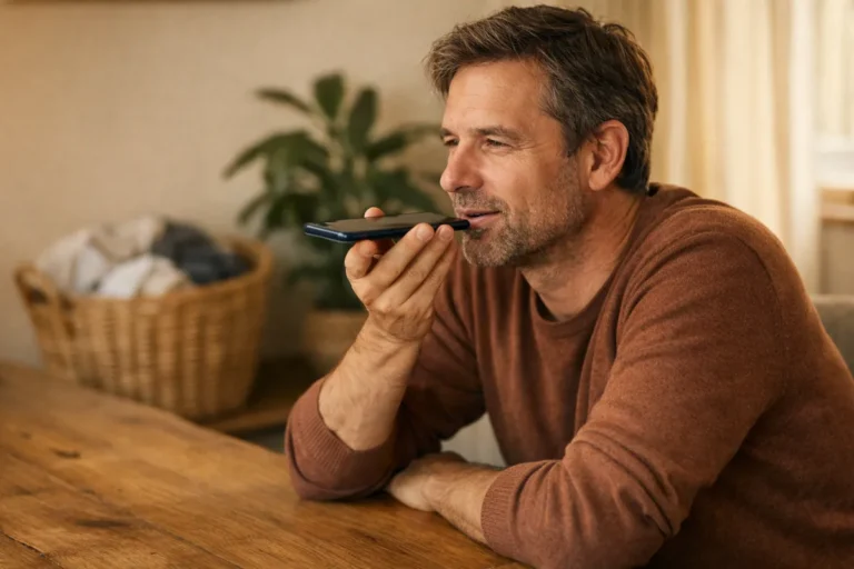 Person, die zu Hause eine kurze Sprachaufnahme auf einem Smartphone einspricht