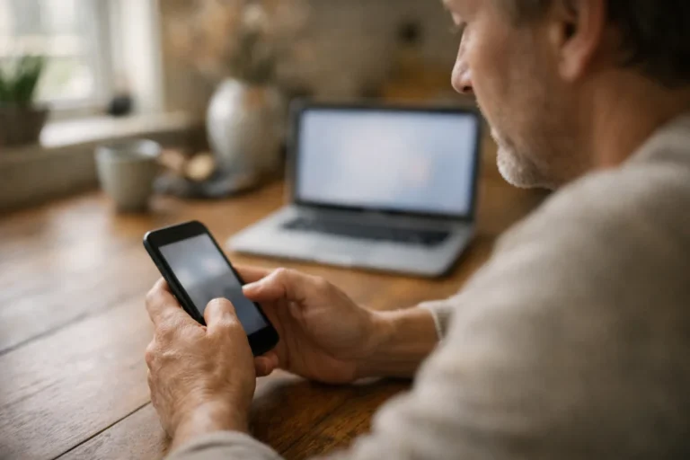 Person betrachtet am Küchentisch ein Smartphone mit einem Laptop daneben.