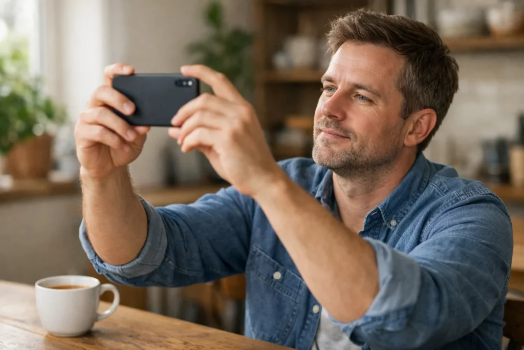 Person am Küchentisch, die mit einem Smartphone ein Selfie für die Profilverifizierung aufnimmt