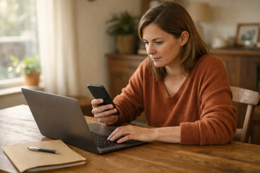 Person, die zu Hause mit einem Smartphone und Laptop einen Verifizierungsantrag vorbereitet.