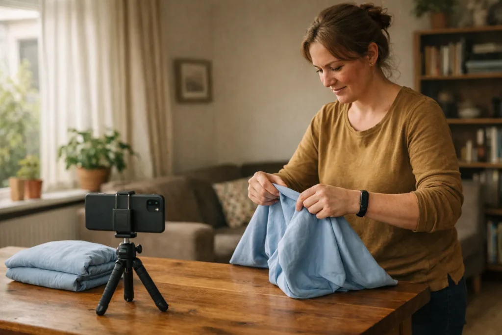 Person filmt mit einem Smartphone, wie die Ecken eines Spannbettlakens zum Falten zusammengeführt werden.