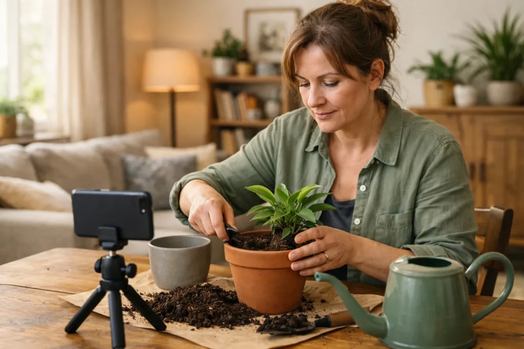 Person, die während einer Live Übertragung eine Zimmerpflanze vor einem Smartphone auf einem Stativ umtopft.