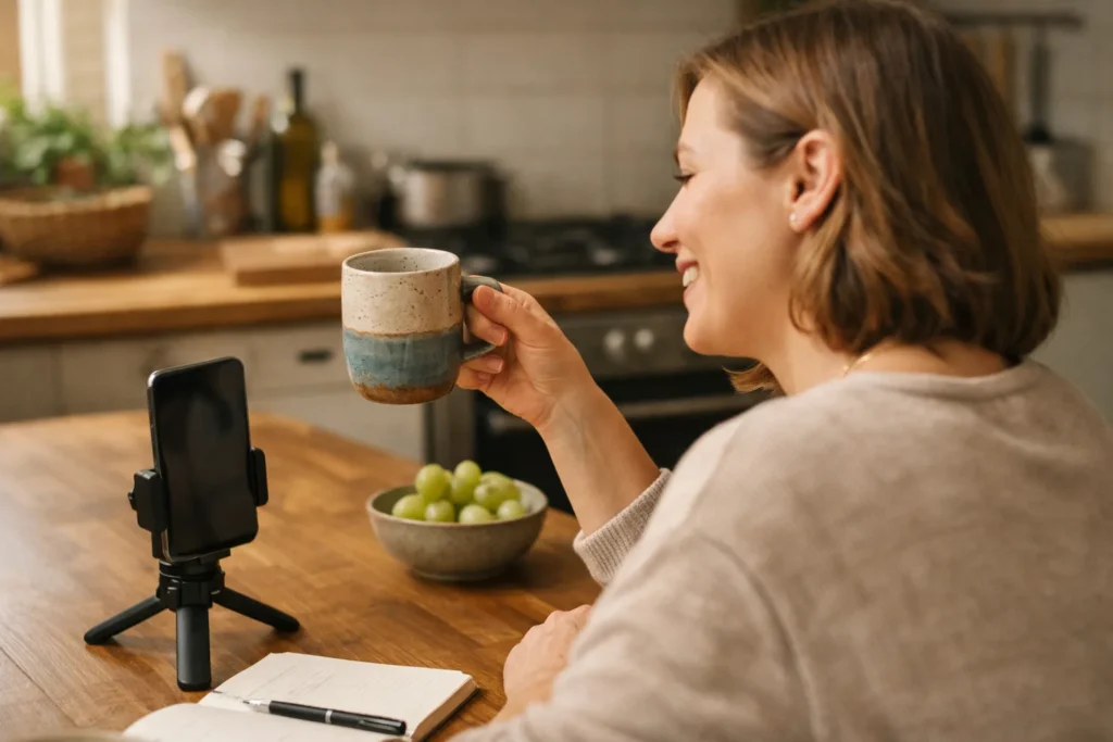 Person am Küchentisch, die während eines Livevideos auf einem Smartphone eine selbstgemachte Tasse zeigt.
