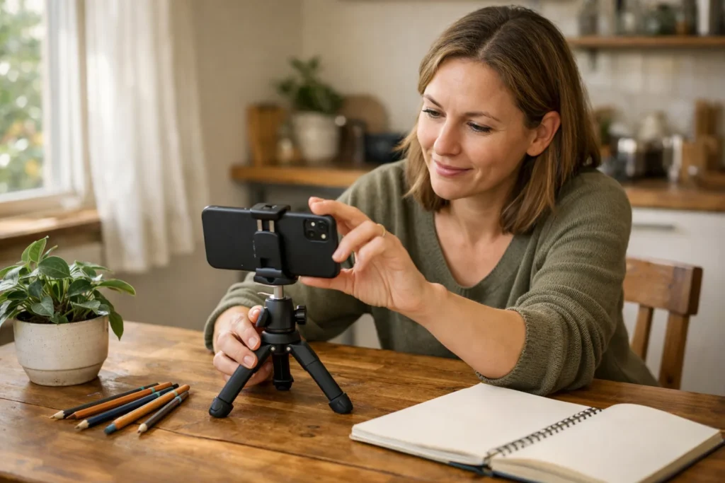 Person bereitet eine Live Übertragung mit einem Smartphone auf einem Stativ und Zeichenmaterial auf dem Tisch vor.