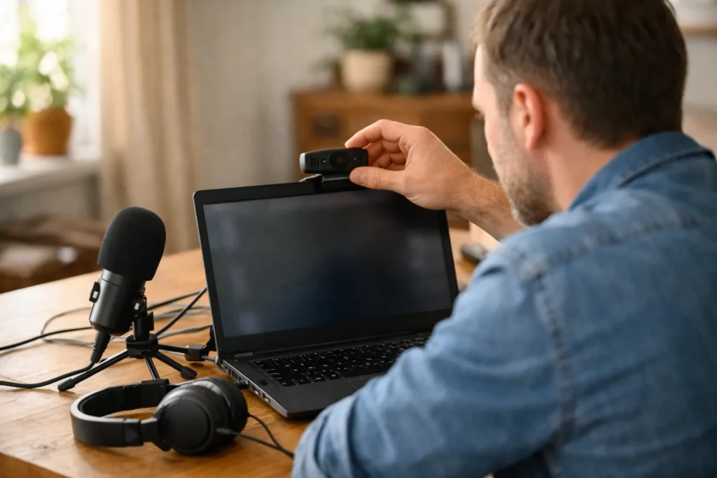 Person richtet zu Hause eine Webcam für eine TikTok Live Übertragung über einen Laptop ein.