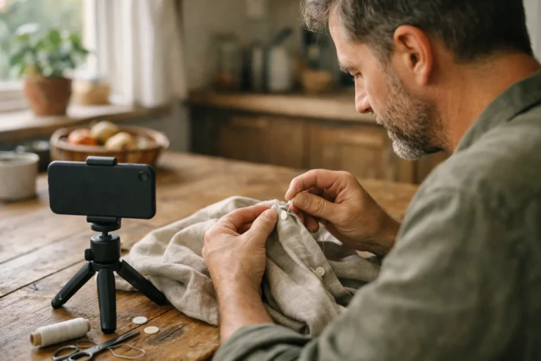 Creator filmt mit einem Smartphone, wie man für ein Instagram Reel einen Knopf an ein Hemd annäht.