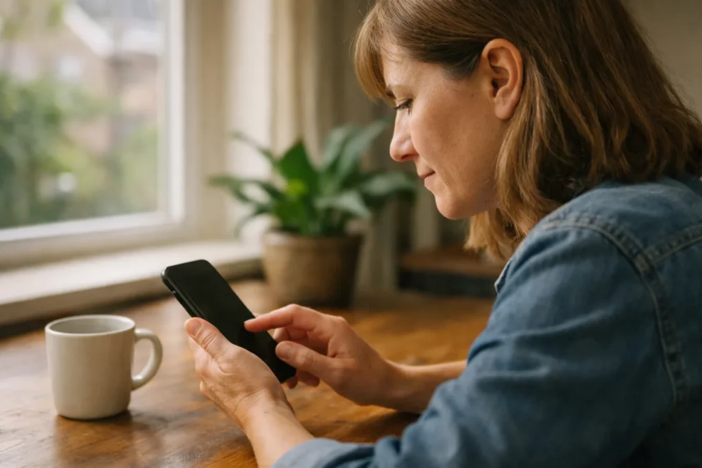 Person am Küchentisch, die auf einem Telefon die Privatsphäre eines sozialen Profils überprüft.