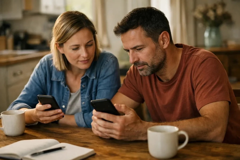 Zwei Personen betrachten zu Hause ihre Telefone, um gemeinsam die Sichtbarkeit eines Profils zu prüfen.