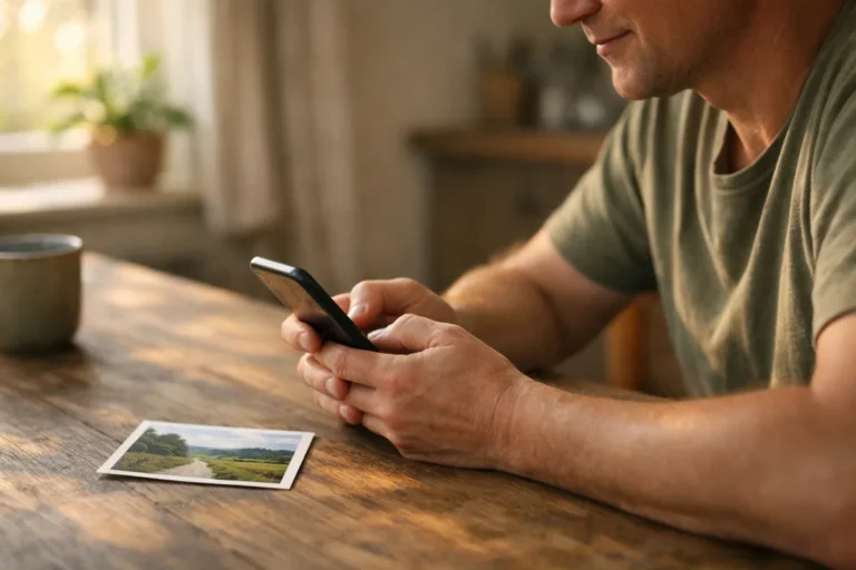 Person betrachtet an einem Holztisch neben dem Fenster ein Smartphone.