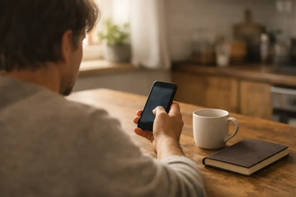 Person an einem hölzernen Küchentisch, die auf ein Smartphone schaut