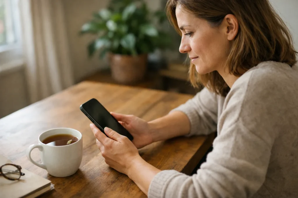 Jemand betrachtet zu Hause ein Smartphone, bevor die Person eine persönliche Story teilt.