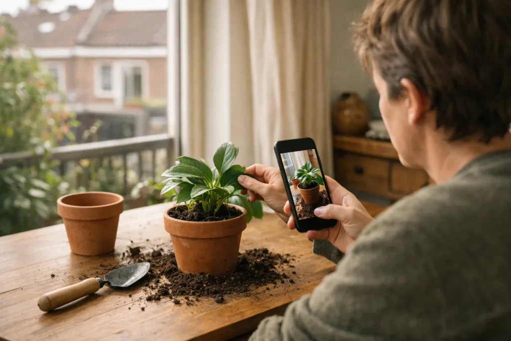 Person filmt eine Balkonpflanze mit einem Telefon für einen Instagram Beitrag.