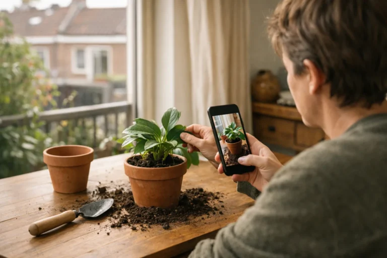 Person filmt eine Balkonpflanze mit einem Telefon für einen Instagram Beitrag.
