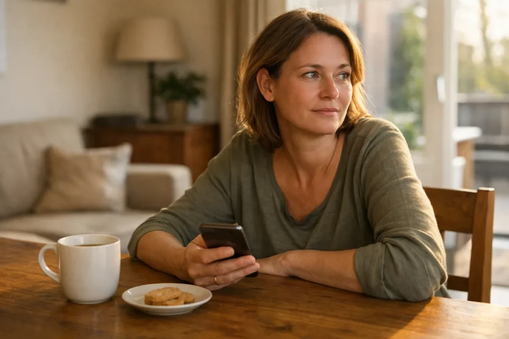 Person an einem Holztisch, die kurz von einem Smartphone aufblickt, daneben eine Tasse Tee.